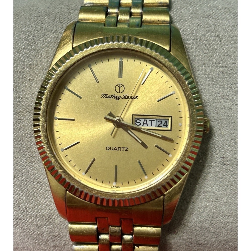 Vintage Mathey Tissot MT-MGBRC-4125 Watch Gold Tone Quartz Day Date New Battery